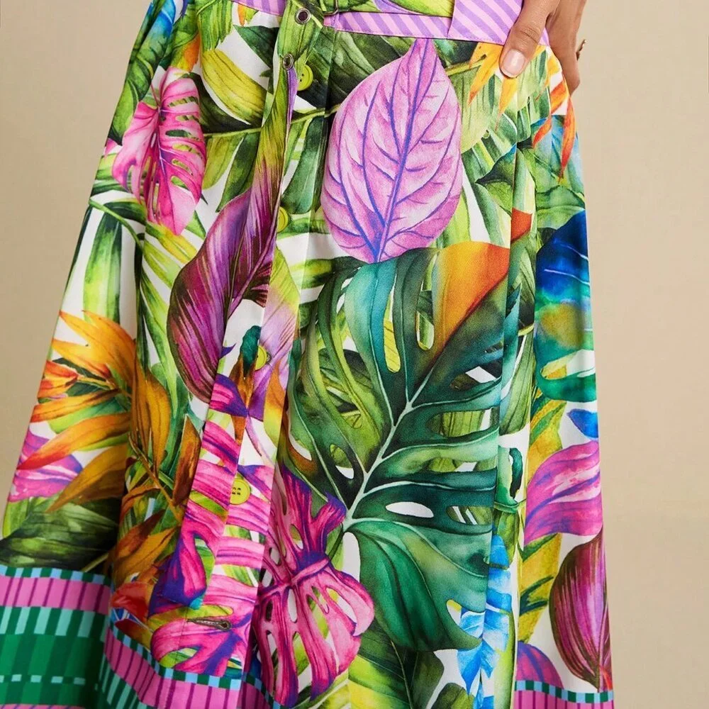 Green Boho Women's Tropical Watercolor Palm Leaf A-Line Midi Skirt